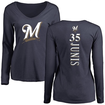 Women's Milwaukee Brewers Jakob Junis ＃35 Backer Slim Fit Long Sleeve T-Shirt - Navy