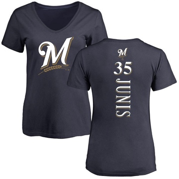 Women's Milwaukee Brewers Jakob Junis ＃35 Backer Slim Fit T-Shirt - Navy