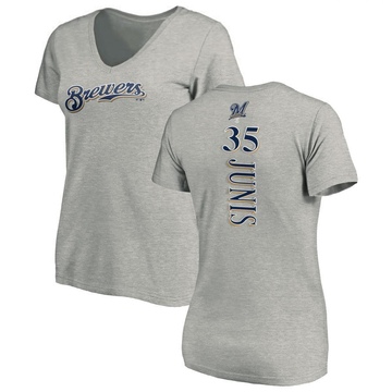 Women's Milwaukee Brewers Jakob Junis ＃35 Backer Slim Fit T-Shirt Ash