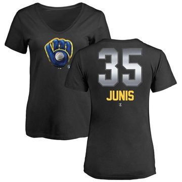 Women's Milwaukee Brewers Jakob Junis ＃35 Midnight Mascot V-Neck T-Shirt - Black