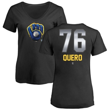 Women's Milwaukee Brewers Jeferson Quero ＃76 Midnight Mascot V-Neck T-Shirt - Black