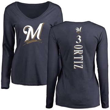 Women's Milwaukee Brewers Joey Ortiz ＃3 Backer Slim Fit Long Sleeve T-Shirt - Navy