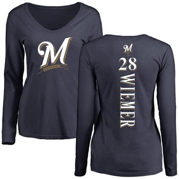 Women's Milwaukee Brewers Joey Wiemer ＃28 Backer Slim Fit Long Sleeve T-Shirt - Navy