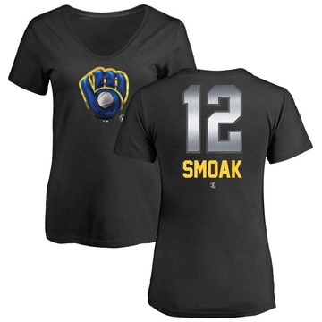 Women's Milwaukee Brewers Justin Smoak ＃12 Midnight Mascot V-Neck T-Shirt - Black