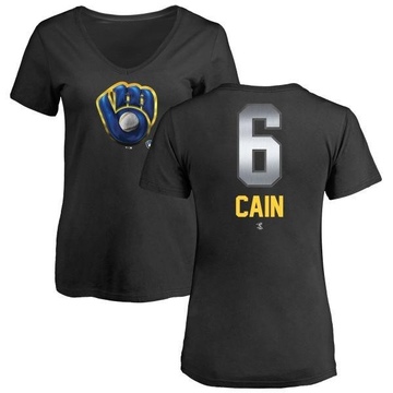 Women's Milwaukee Brewers Lorenzo Cain ＃6 Midnight Mascot V-Neck T-Shirt - Black