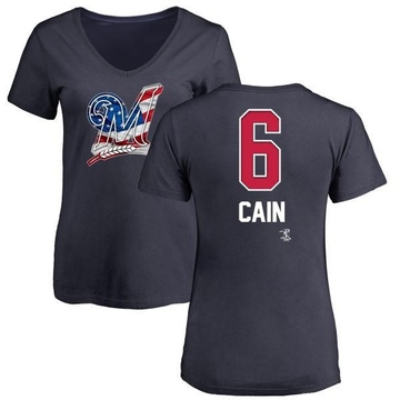 Women's Milwaukee Brewers Lorenzo Cain ＃6 Name and Number Banner Wave V-Neck T-Shirt - Navy