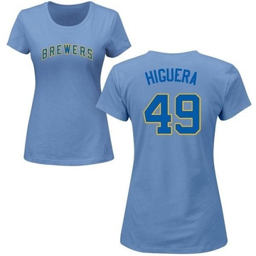 Women's Milwaukee Brewers Teddy Higuera ＃49 Roster Name & Number T-Shirt - Light Blue