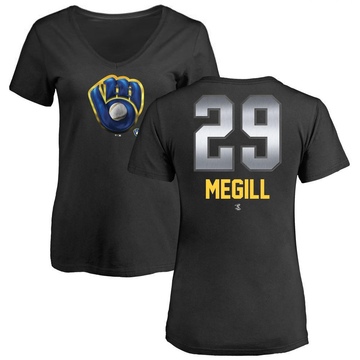 Women's Milwaukee Brewers Trevor Megill ＃29 Midnight Mascot V-Neck T-Shirt - Black