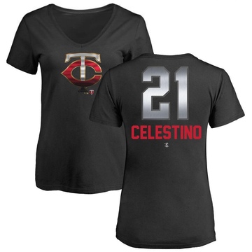 Women's Minnesota Twins Gilberto Celestino ＃21 Midnight Mascot V-Neck T-Shirt - Black