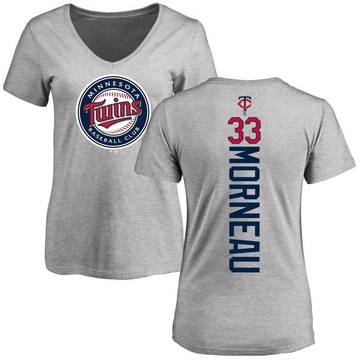 Women's Minnesota Twins Justin Morneau ＃33 Backer Slim Fit T-Shirt Ash