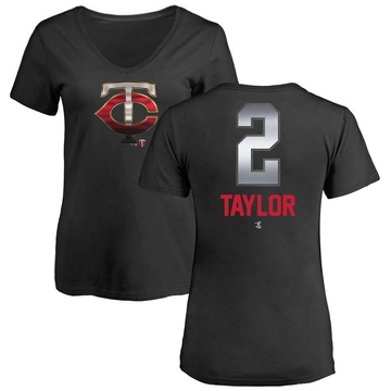 Women's Minnesota Twins Michael Taylor ＃2 Midnight Mascot V-Neck T-Shirt - Black