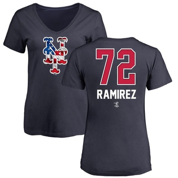 Women's New York Mets Alex Ramirez ＃72 Name and Number Banner Wave V-Neck T-Shirt - Navy