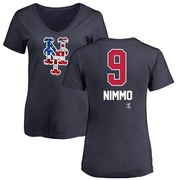 Women's New York Mets Brandon Nimmo ＃9 Name and Number Banner Wave V-Neck T-Shirt - Navy