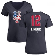 Women's New York Mets Francisco Lindor ＃12 Name and Number Banner Wave V-Neck T-Shirt - Navy