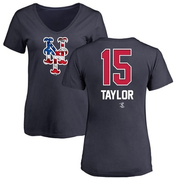 Women's New York Mets Tyrone Taylor ＃15 Name and Number Banner Wave V-Neck T-Shirt - Navy