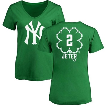 Women's New York Yankees Derek Jeter ＃2 Dubliner Name & Number V-Neck T-Shirt Kelly - Green