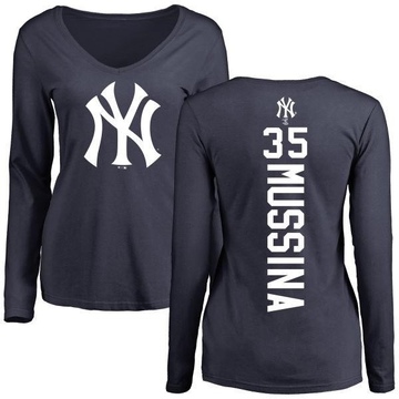 Women's New York Yankees Mike Mussina ＃35 Backer Slim Fit Long Sleeve T-Shirt - Navy