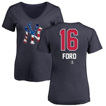 Women's New York Yankees Whitey Ford ＃16 Name and Number Banner Wave V-Neck T-Shirt - Navy