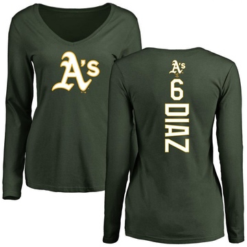 Women's Oakland Athletics Aledmys Diaz ＃6 Backer Slim Fit Long Sleeve T-Shirt - Green