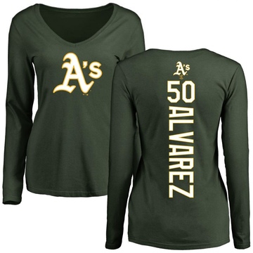 Women's Oakland Athletics Armando Alvarez ＃50 Backer Slim Fit Long Sleeve T-Shirt - Green