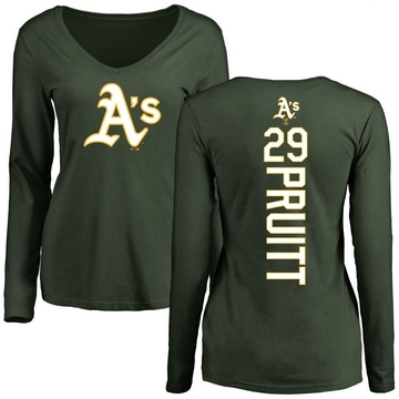 Women's Oakland Athletics Austin Pruitt ＃29 Backer Slim Fit Long Sleeve T-Shirt - Green