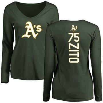 Women's Oakland Athletics Barry Zito ＃75 Backer Slim Fit Long Sleeve T-Shirt - Green