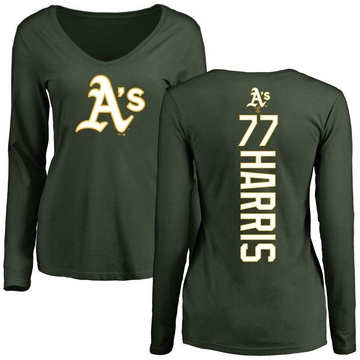 Women's Oakland Athletics Brett Harris ＃77 Backer Slim Fit Long Sleeve T-Shirt - Green