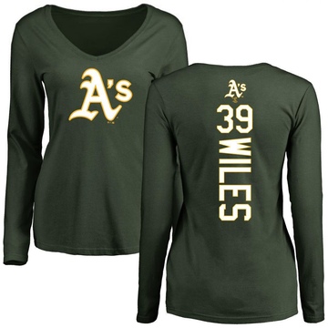 Women's Oakland Athletics Collin Wiles ＃39 Backer Slim Fit Long Sleeve T-Shirt - Green