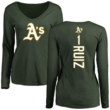 Women's Oakland Athletics Esteury Ruiz ＃1 Backer Slim Fit Long Sleeve T-Shirt - Green