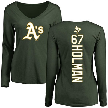 Women's Oakland Athletics Grant Holman ＃67 Backer Slim Fit Long Sleeve T-Shirt - Green