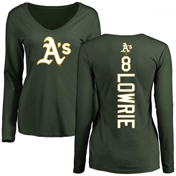 Women's Oakland Athletics Jed Lowrie ＃8 Backer Slim Fit Long Sleeve T-Shirt - Green