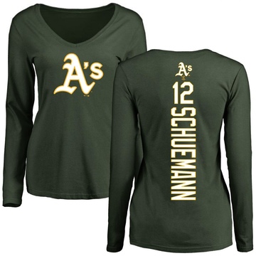 Women's Oakland Athletics Max Schuemann ＃12 Backer Slim Fit Long Sleeve T-Shirt - Green