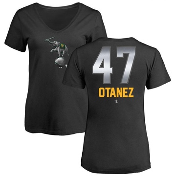 Women's Oakland Athletics Michel Otanez ＃47 Midnight Mascot V-Neck T-Shirt - Black