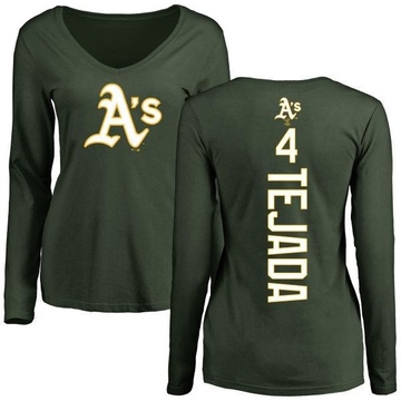 Women's Oakland Athletics Miguel Tejada ＃4 Backer Slim Fit Long Sleeve T-Shirt - Green