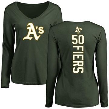 Women's Oakland Athletics Mike Fiers ＃50 Backer Slim Fit Long Sleeve T-Shirt - Green