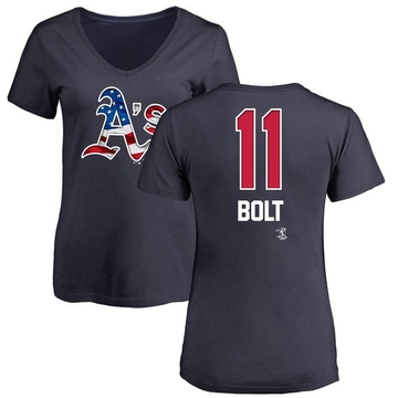 Women's Oakland Athletics Skye Bolt ＃11 Name and Number Banner Wave V-Neck T-Shirt - Navy