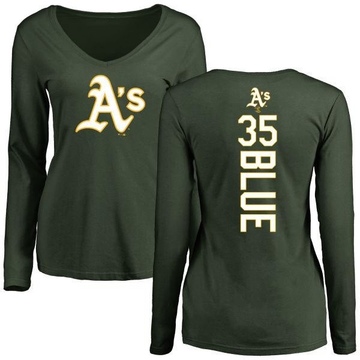 Women's Oakland Athletics Vida Blue ＃35 Backer Slim Fit Long Sleeve T-Shirt - Green