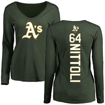 Women's Oakland Athletics Vinny Nittoli ＃64 Backer Slim Fit Long Sleeve T-Shirt - Green