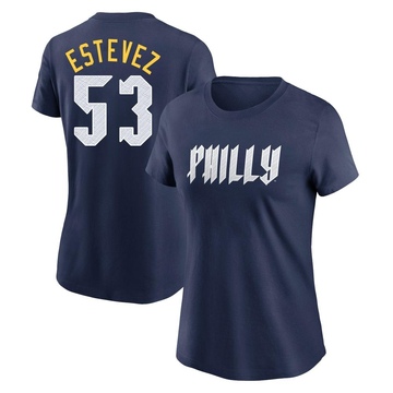 Women's Philadelphia Phillies Carlos Estevez ＃53 2024 City Connect Fuse Name & Number T-Shirt - Navy