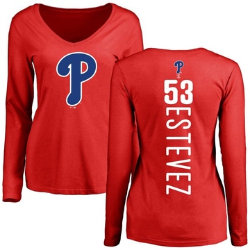 Women's Philadelphia Phillies Carlos Estevez ＃53 Backer Slim Fit Long Sleeve T-Shirt - Red