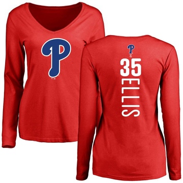 Women's Philadelphia Phillies Drew Ellis ＃35 Backer Slim Fit Long Sleeve T-Shirt - Red