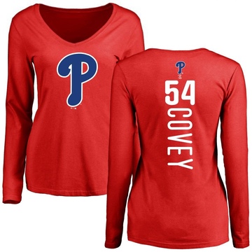 Women's Philadelphia Phillies Dylan Covey ＃54 Backer Slim Fit Long Sleeve T-Shirt - Red