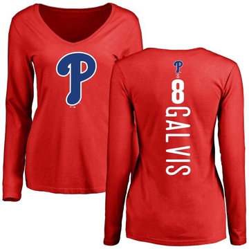 Women's Philadelphia Phillies Freddy Galvis ＃8 Backer Slim Fit Long Sleeve T-Shirt - Red