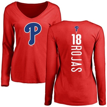 Women's Philadelphia Phillies Johan Rojas ＃18 Backer Slim Fit Long Sleeve T-Shirt - Red