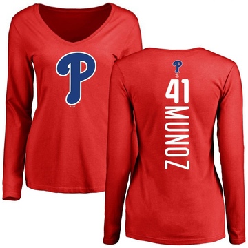 Women's Philadelphia Phillies Yairo Munoz ＃41 Backer Slim Fit Long Sleeve T-Shirt - Red