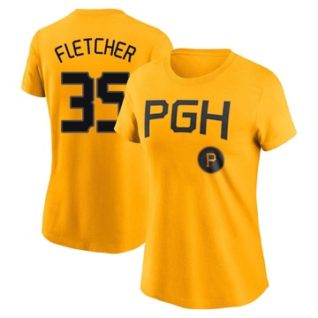 Women's Pittsburgh Pirates Aaron Fletcher ＃35 2023 City Connect Name & Number T-Shirt - Gold