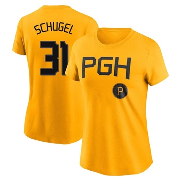 Women's Pittsburgh Pirates A.J. Schugel ＃31 2023 City Connect Name & Number T-Shirt - Gold