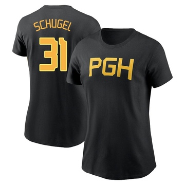 Women's Pittsburgh Pirates A.J. Schugel ＃31 2023 City Connect Wordmark Name & Number T-Shirt - Black