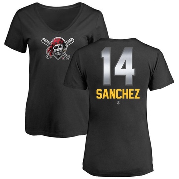 Women's Pittsburgh Pirates Ali Sanchez ＃14 Midnight Mascot V-Neck T-Shirt - Black