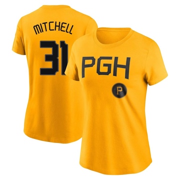 Women's Pittsburgh Pirates Cal Mitchell ＃31 2023 City Connect Name & Number T-Shirt - Gold